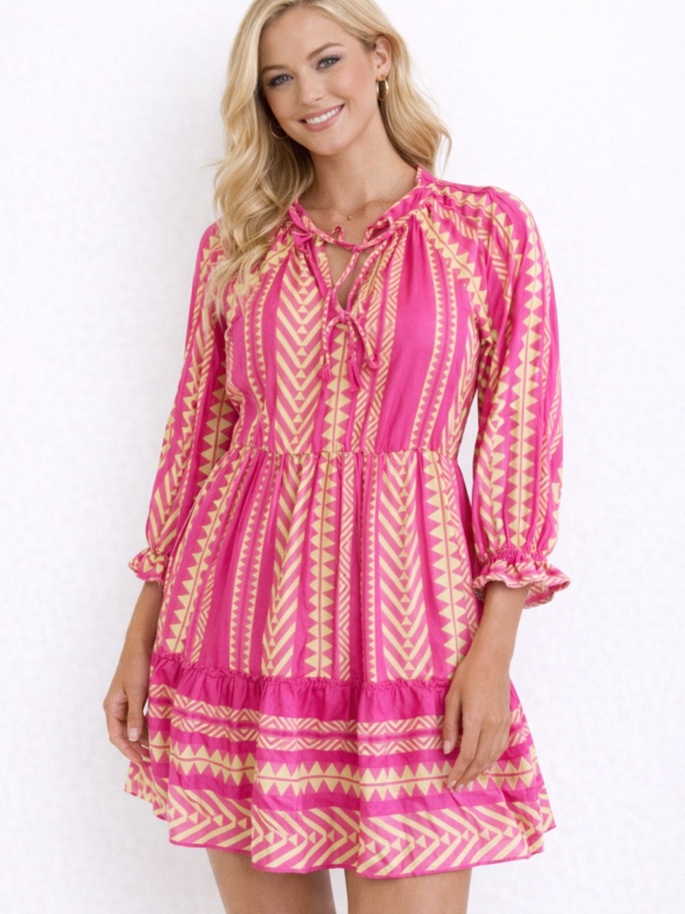 Anthropologie Maeve Pink Yellow Geometric Mini Dress Womens Oversized Tunic Boho - Picture 2 of 9